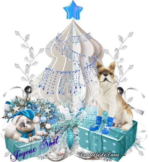 Gif Joyeux Noel Avec Chien Et Chat Sapin Scintillant Les Gifs Animes De Dentelledelune