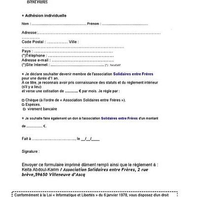Formulaire d'adhesion a l'association