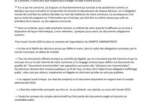 CHEMAZE : Cadre de la prochaine réunion du conseil municipal, prévoyant de valider les comptes administratifs 2023 et les budgets prévisionnels 2024 Copie de la lettre envoyée à Mme Le Maire avec copie à chaque conseiller municipal, pour mettre à la disposition de tous les élus, rapidement,  les documents nécessaires à la pleine compréhension des dossiers à délibérer.