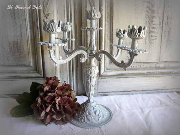 Grand chandelier 5 branches en bronze patiné gris doux