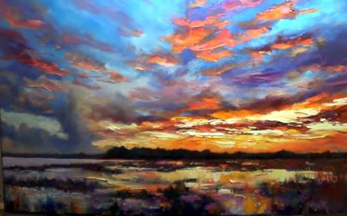 Dessin et peinture - vidéo 2078 : Coucher de soleil sur les zones inondables - peinture à l'huile ou acrylique.