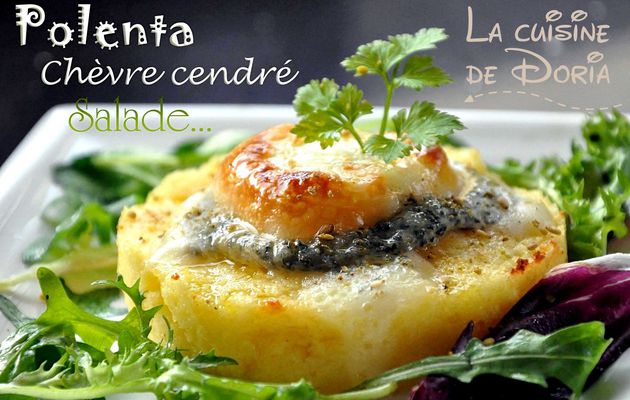 Polenta sur son lit de salade et chèvre cendré