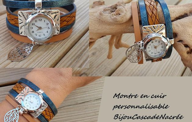 montre manchette bracelet cuir camelle vert bleu canard pendant rectangulaire fermoir magnétique ( pile neuve offerte ). 29,90E