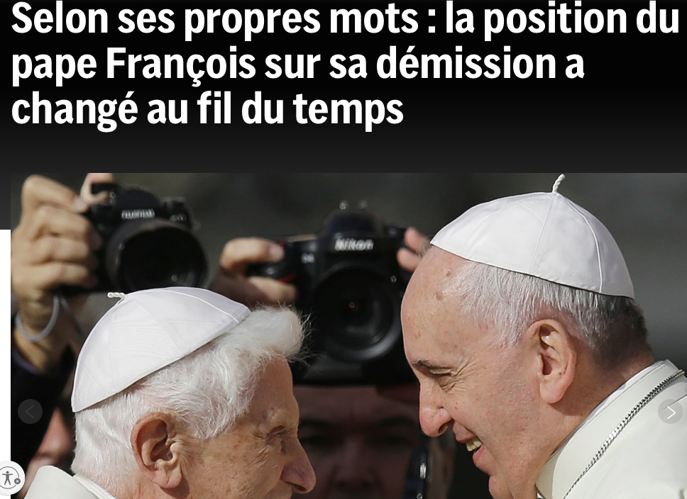 Dans une interview accordée en 2022 au quotidien espagnol ABC, François a révélé avoir rédigé une lettre de démission peu après son élection. Cette lettre précisait sa démission si des problèmes de santé l'empêchaient d'exercer ses fonctions ou d'annoncer librement sa démission.  Le texte de la lettre n'a pas été publié et on ignore quel type de déficience médicale ou d'inconscience pourrait entraîner une démission. Le droit canonique ne prévoit aucune disposition concernant la conduite à tenir en cas de déficience permanente d'un pape, et les canonistes sont divisés sur la validité d'une lettre de démission pré-rédigée.  Le canon 332.2 stipule que pour qu’un pape puisse démissionner de sa charge, « il est requis pour sa validité que la démission soit faite librement et dûment manifestée, mais non qu’elle soit acceptée par quiconque ».  Francis a évoqué l'existence de sa lettre de démission l'année dernière. Mais dans ses mémoires, publiés il y a un an ce mois-ci, Francis a déclaré qu'il n'avait aucune intention de démissionner et qu'il jouissait, du moins à cette époque, d'une bonne santé.