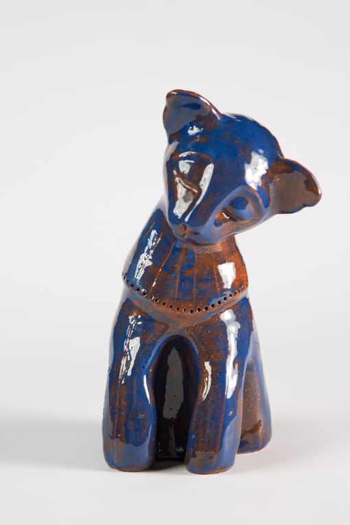 Chat bleu pensif en céramique émaillé 2017 H 36 cm collection privée