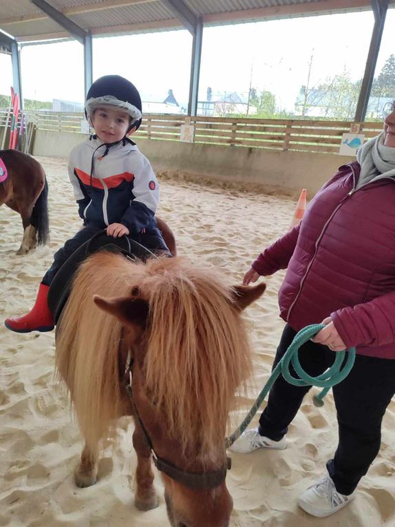 Séance 1 classe TPS PS.  Mardi 2 avril était le grand jour! Nous attendions avec impatience cette matinée poneys qui a fait plaisir à tout le monde! 3 ateliers ont été proposés : découverte de l'animal dans l'écurie, promenade à dos de poneys dans le manège, production artistique et lecture/chants dans la salle d'activité.  vivement la semaine prochaine !