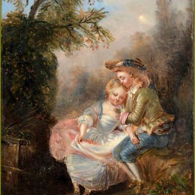   Le temps des cerises par les peintres -   École française de XIX° s. dans le goût de François Boucher - la cueillette des cerises