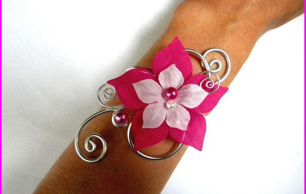 ˚•●๑ AMBRE bracelet fuschia blanc mariage fleurs de soie