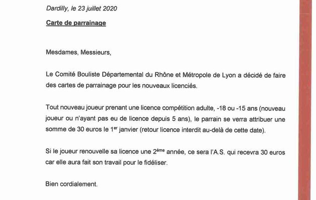 Cartes de parrainage Comité Bouliste Départemental du Rhône et Métropole de Lyon