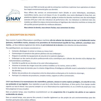 SINAY RECRUTE DES OBSERVATEURS SCIENTIFIQUES MARITIMES( H/F) EN CDI 