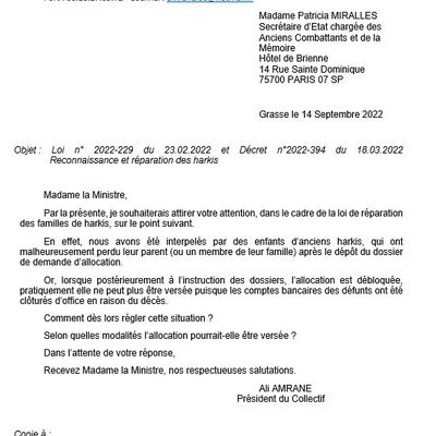 Courrier à Mme Patricia Mirallès secrétaire d'Etat chargée des Anciens Combattants et de la Mémoire