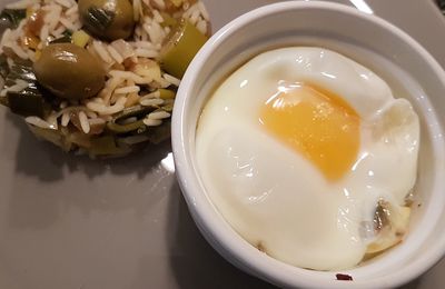 Oeuf cocotte et son riz pilaf au poireau