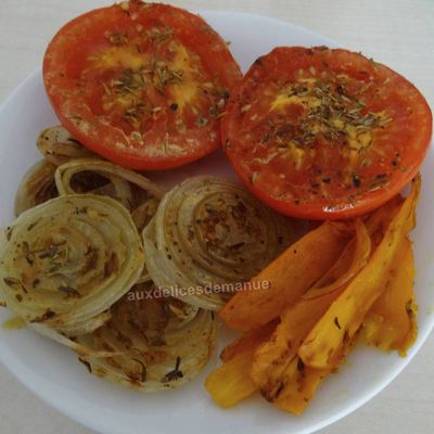 Tomates, carottes et oignons moutardés, au grill-plancha