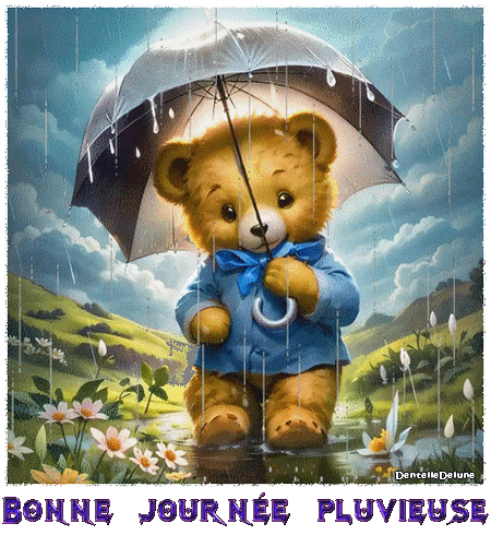 Petit ours sous la pluie - gif animé bonne journée pluvieuse