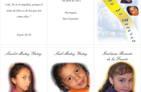 Diseño e Impresión de Tarjetas de Recuerdo de Bautizo para Scarleth y hermanos.