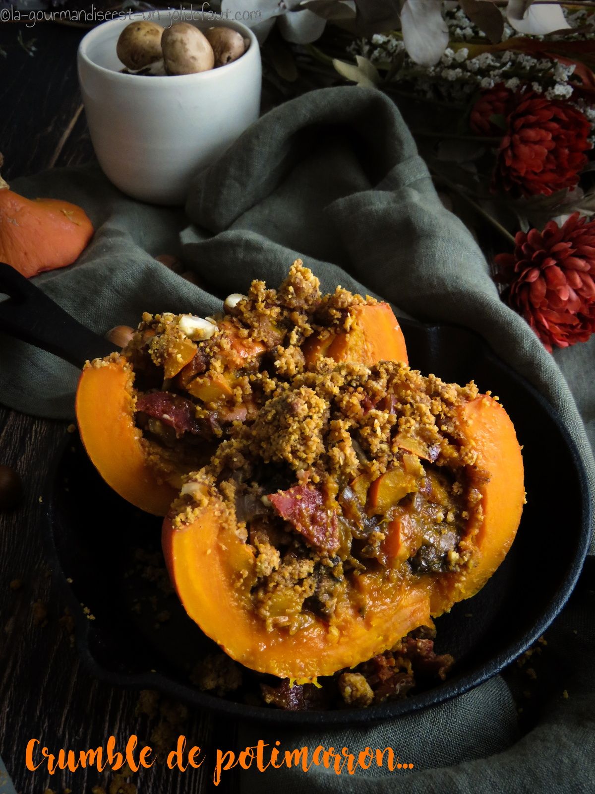 crumble, potimarron, champignon, chorizo, noisette, crumble de potimarron, la gourmandise est un joli défaut