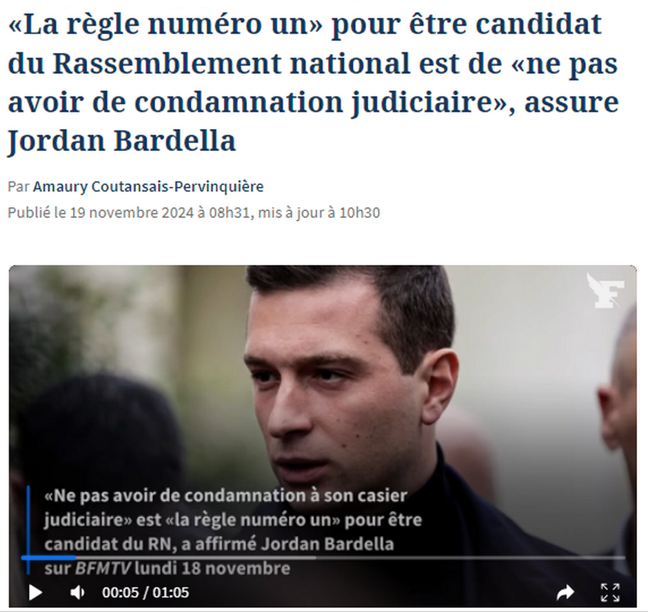 Figaro «La règle numéro un» pour être candidat du Rassemblement national est de «ne pas avoir de condamnation judiciaire», assure Jordan Bardella