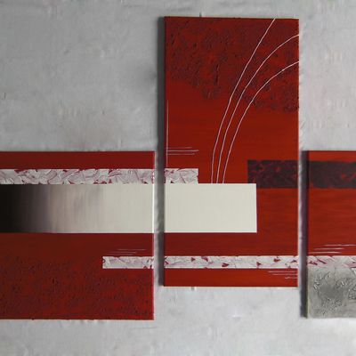 Tableau Rouge Marron Argent et Blanc Triptyque