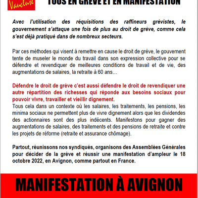 Appel à la grève et à la manifestation de l'Union Départementale  CGT 84