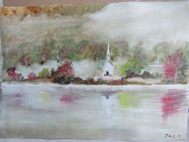 lac de Gabas, matin d'hiver, peint au mois d'août pour me rafraichir!!! et brume d'automne