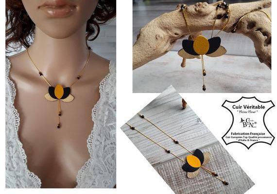collier femme - collier cuir femme " Fleur de Lotus " noir or - chaine serpentine perles de cristal perles nacrées - fait main France