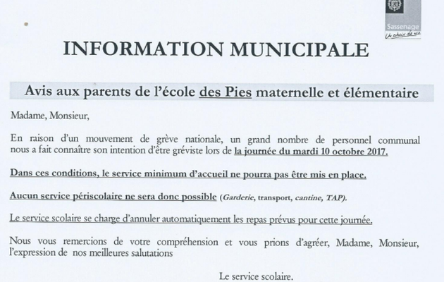 Information grève du périscolaire mardi 10 octobre