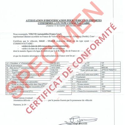 Service d'obtention de certificat de conformité pour voiture importé