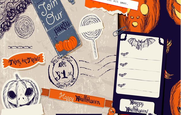 Vecteurs textures, objets en papier et étiquettes thème Halloween - instantanément téléchargeables et modifiables avec Adobe Illustrator