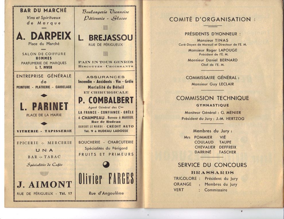 Programme officiel du concours de gymnastique et musique qui s'est déroulé à Mareuil les 17 et 18 mai 1964.