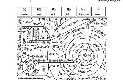 coloriage magique CE1, additions dont la somme est entre 90 et 99