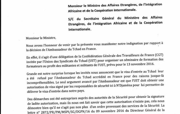 Refus des visas à deux responsables de la CGT:  l'UST proteste contre l'Ambassade du Tchad à Paris