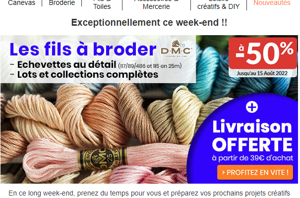 LA MAISON DU CANEVAS -50 % SUR LES FILS DMC JUSQU'AU 15 AOÛT