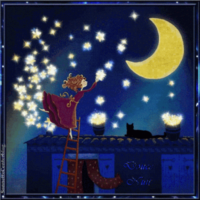 Douce nuit - Lune - Fille - Etoiles  - Gif animé - Gratuit