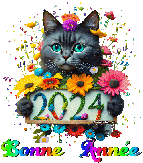 Bonne Année 2024 - chat - gif animé scintillant