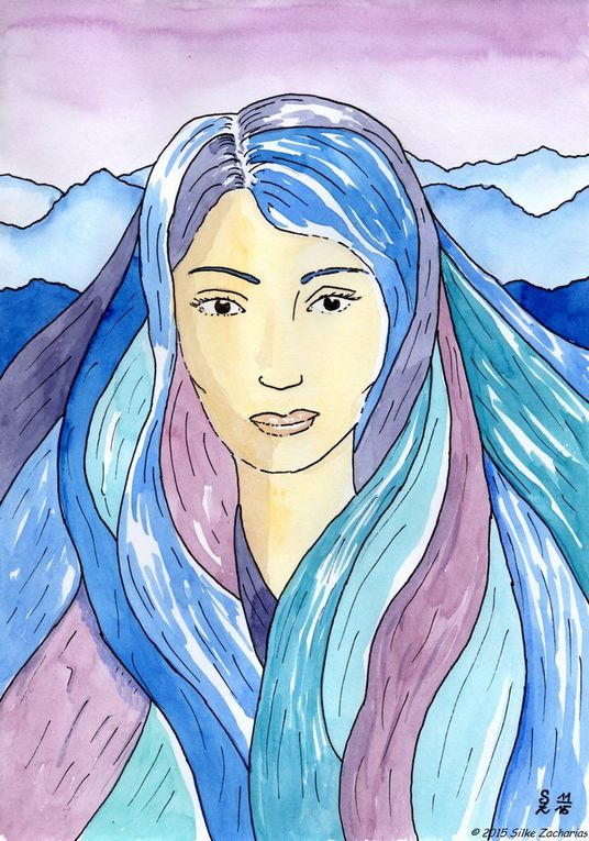 Cliquer pour avancer: "La déesse de la Montagne Sacrée", aquarelle et feutre, format A4 