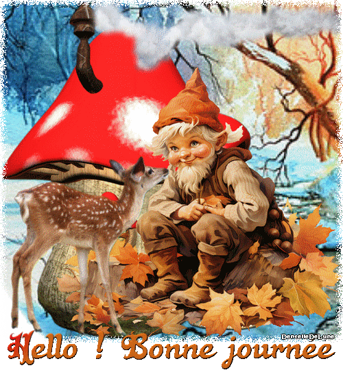 Gnome et faon des forêts - gif animé automne - bonne journée