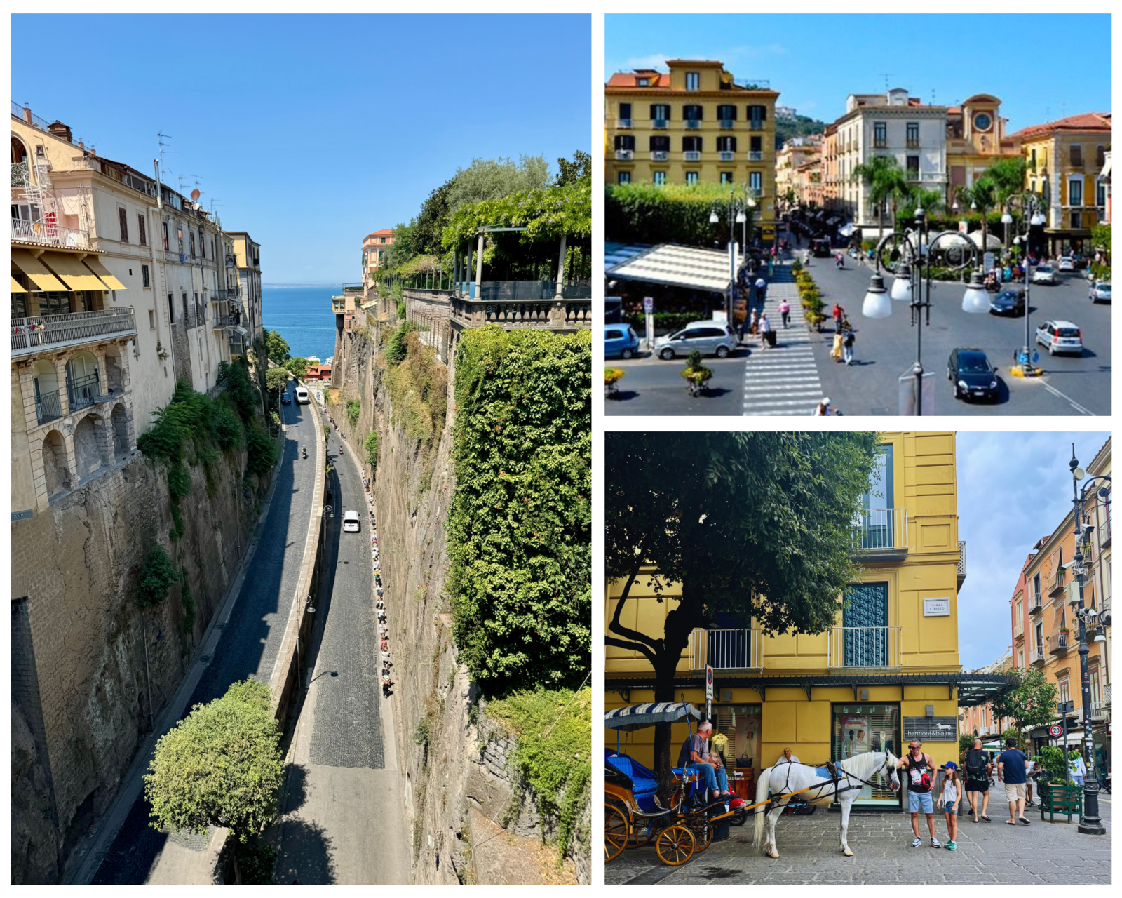 Vue sur Sorrento, ville colorée de la côte Amalfitaine, avec ses ruelles piétonnes animées et l'azur de la mer Méditerranée en toile de fond.