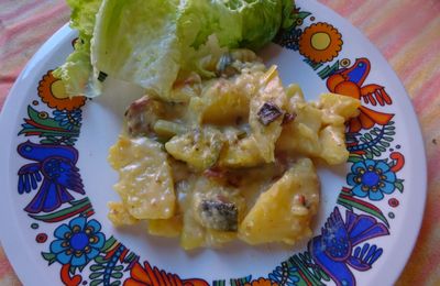 Pommes de terre au poireaux et lardons.
