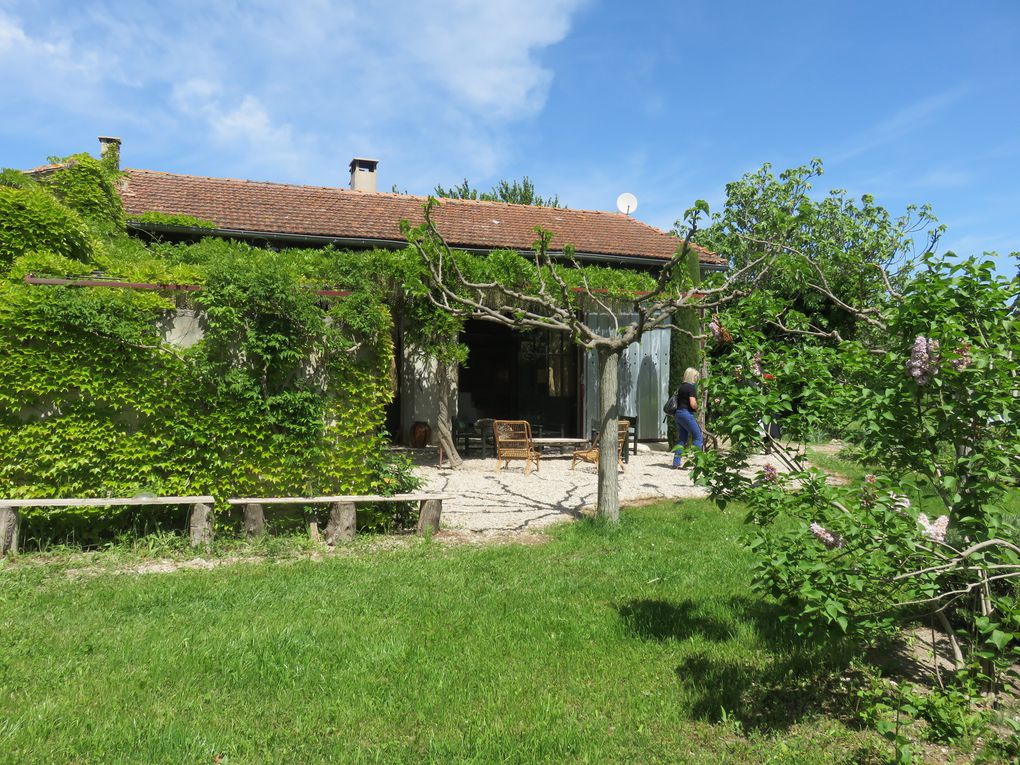 Un petit pont de bois qui enjambe une roubine - Une blanche glycine - Un terrain de boules - Une piscine (vide) - Le hangar - La maison