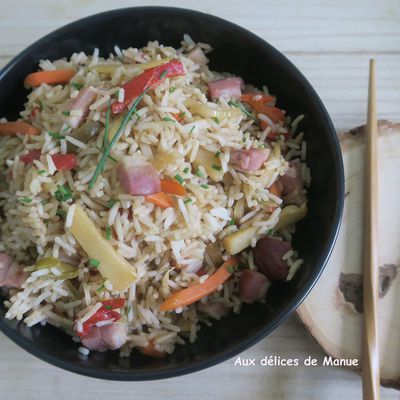 Riz aux légumes chop suey et lardons