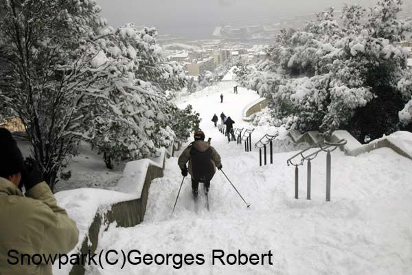 Quand la neige s'abat sur Marseille, la ville se transforme en "snowpark"... Ski, surf, luge, tout est possible dans les rues en forte pente qui descendent de la basilique de Notre-Dame-de-la-Garde...