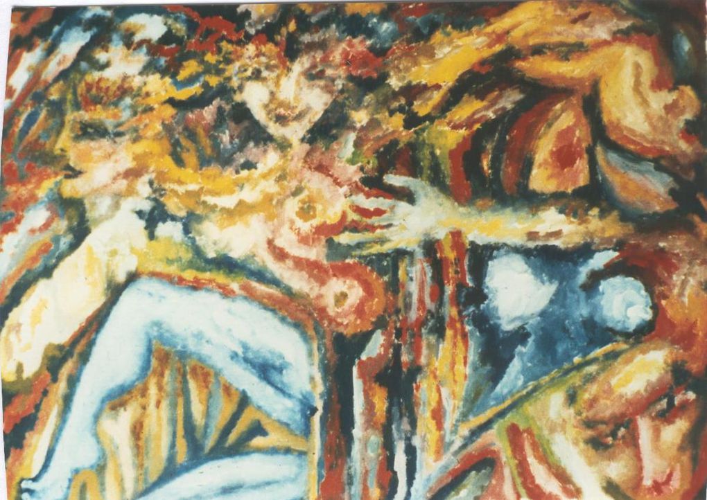 1990 exposition Paris 5/ acrylic sur toile "Tchernobyl" 97/130cm "Ophélie lunatic" 195/130 cm et "Les passagers de l'amour" 97/146 cm 1986