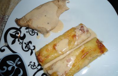 Suprême de dinde sauce foie gras avec ses cannellonis farcis à la ricotta et champignons
