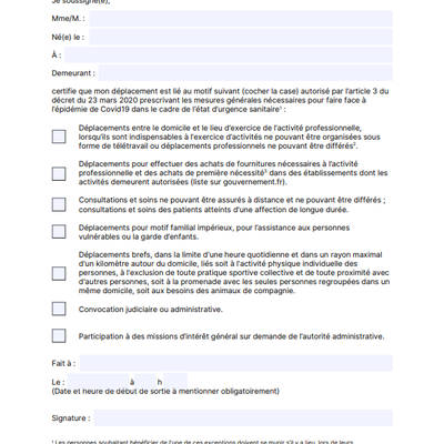 Attestation de déplacement dérogatoire ( mise à jour 23.3.2020 ) 