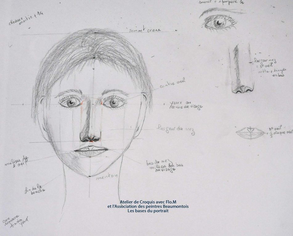 Croquis techniques des bases du portrait de face par les Peintres Beaumontois