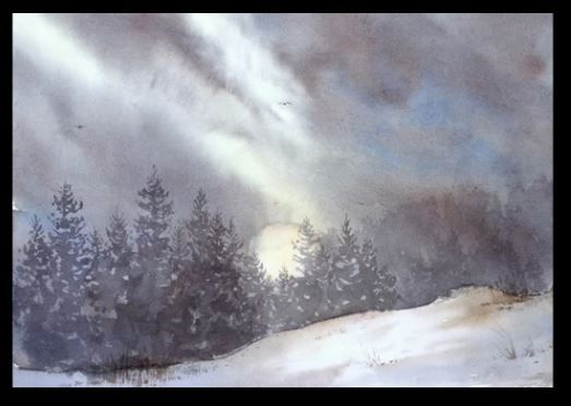 Dessin et peinture - vidéo 1898 : Nuages de montagne dans un paysage enneigé.- aquarelle sur papier. 