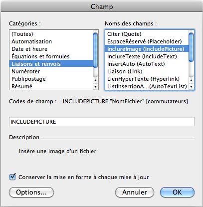 Insertion du champ INCLUDEPICTURE dans word pour un publipostage image