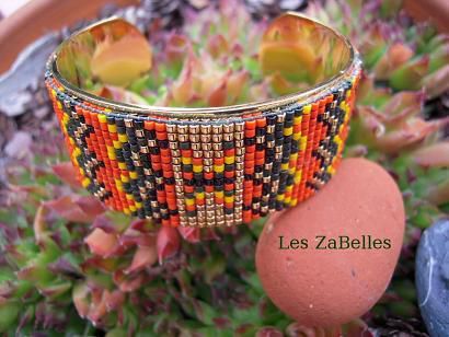 Bracelet manchette or perles tissées miyuki - Largeur 2,5 cm - 5 couleurs : Or, Jaune, Orange, Noir et Vert foncé  