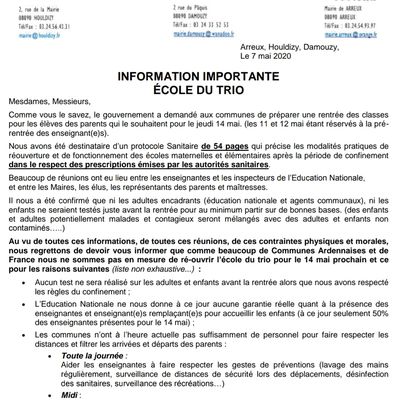 Information importante des Maires de l'École du trio (Arreux, Houldizy et Damouzy)