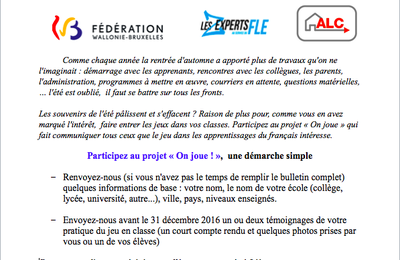 2016-2017 LE PROJET "ON JOUE!" CONTINUE !